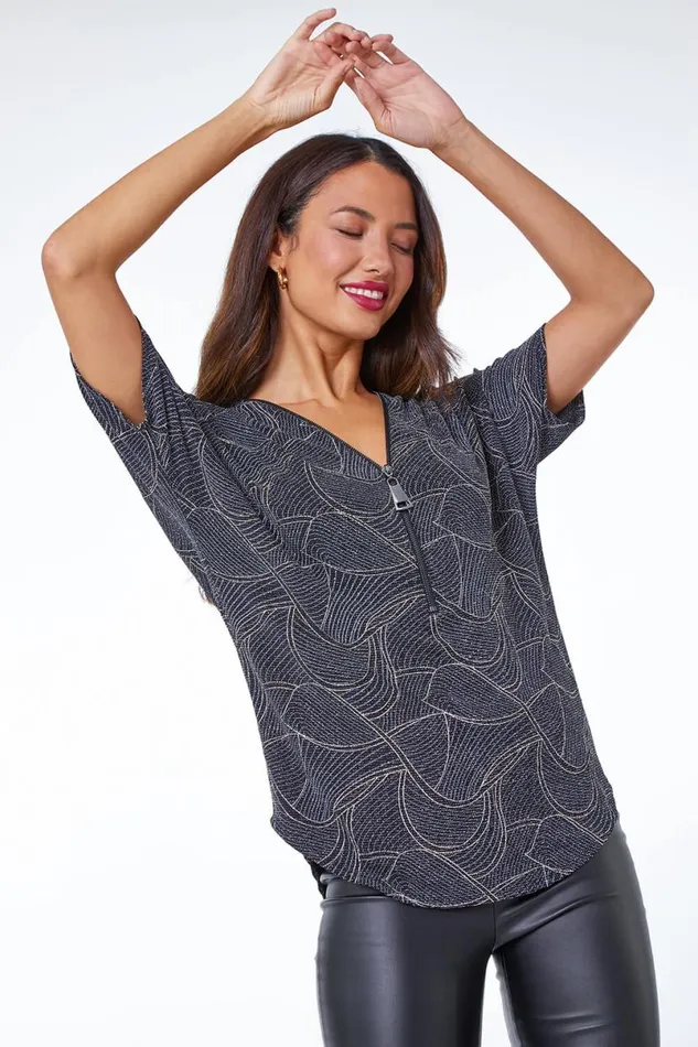 Silver Linear Shimmer Print VNeck Zip Front Top Women Roman Tops