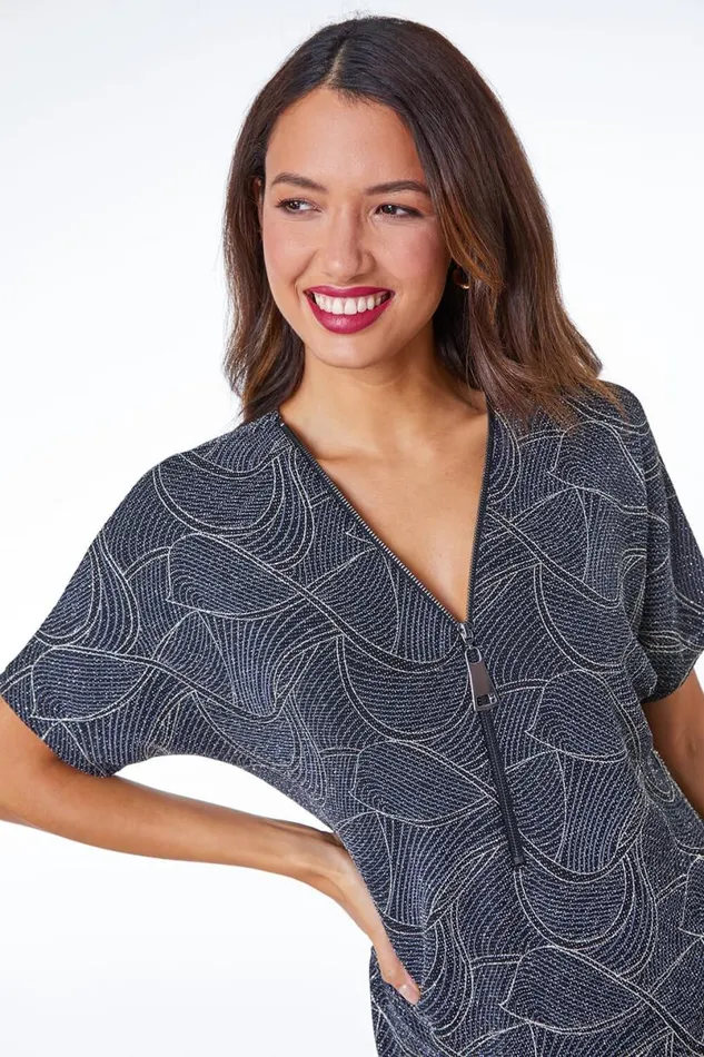 Silver Linear Shimmer Print VNeck Zip Front Top Women Roman Tops