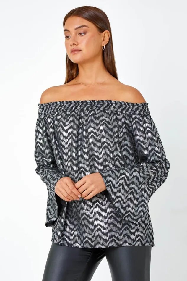 Silver Metallic ZigZag Print Bardot Top Women Roman Tops