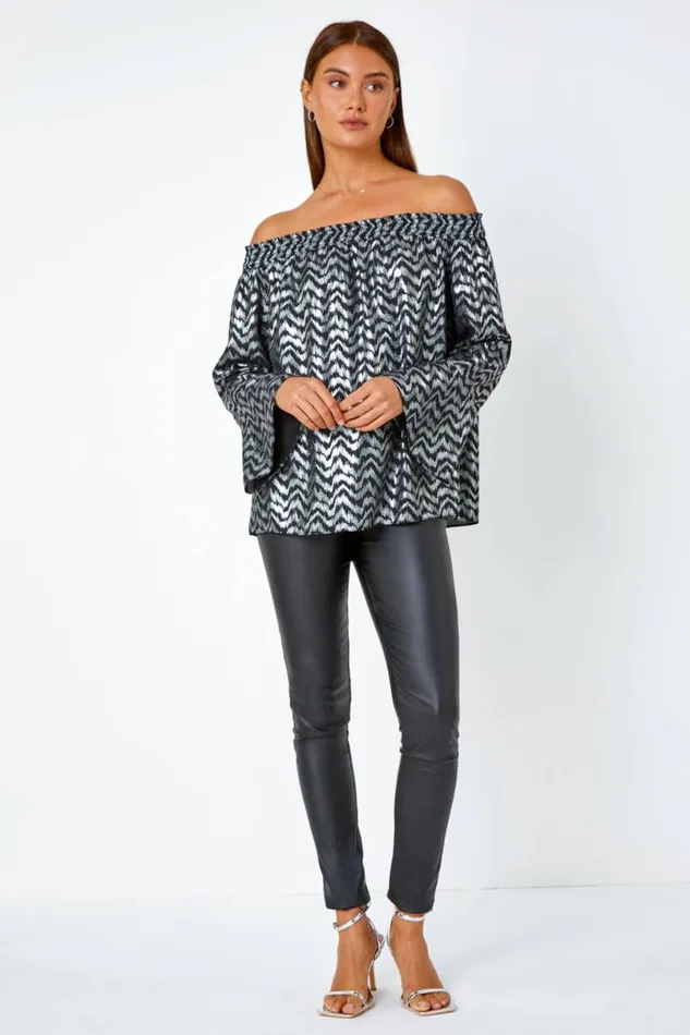 Silver Metallic ZigZag Print Bardot Top Women Roman Tops