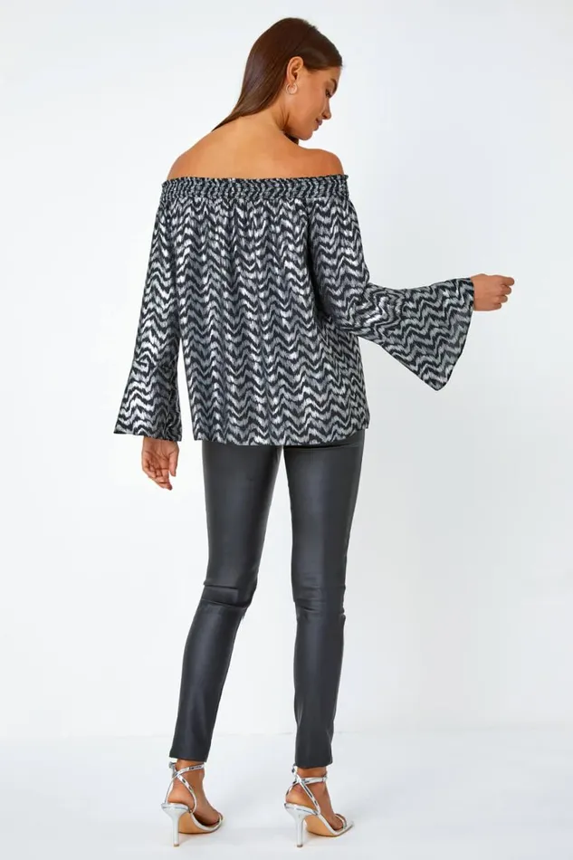 Silver Metallic ZigZag Print Bardot Top Women Roman Tops
