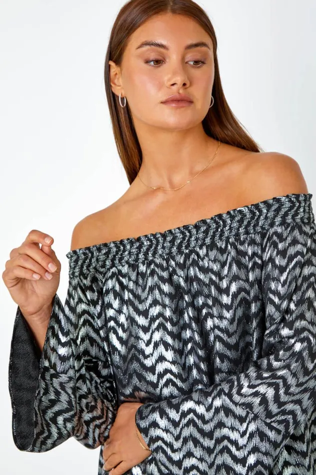 Silver Metallic ZigZag Print Bardot Top Women Roman Tops