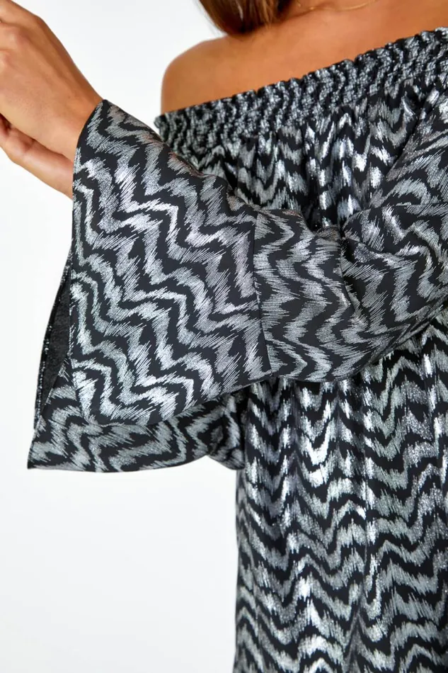 Silver Metallic ZigZag Print Bardot Top Women Roman Tops