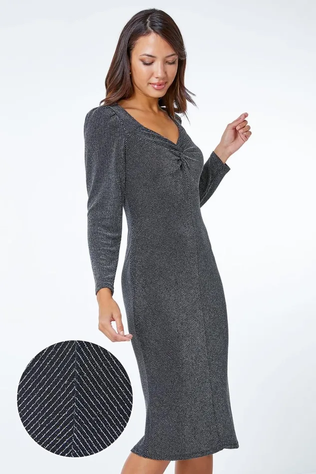 Silver Shimmer Stretch Knot Detail Dress Women Roman Dresses