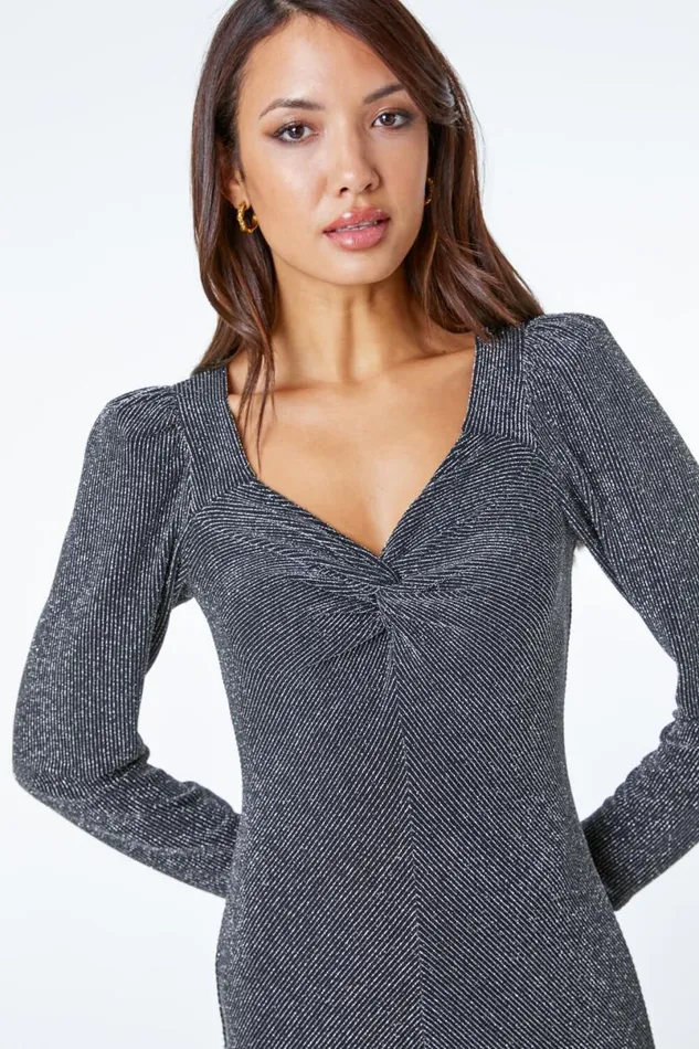 Silver Shimmer Stretch Knot Detail Dress Women Roman Dresses