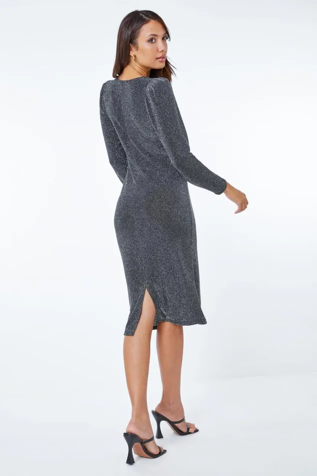 Silver Shimmer Stretch Knot Detail Dress Women Roman Dresses