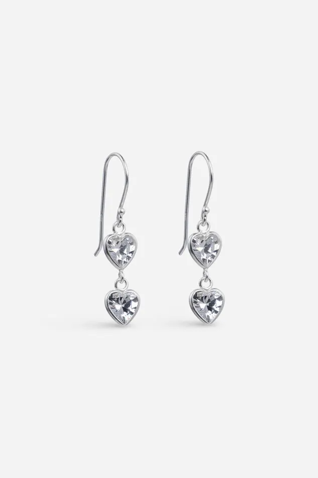 Silver Sterling Silver Double Cubic Zirconia Heart Drop Earrings Women Roman Jewellery