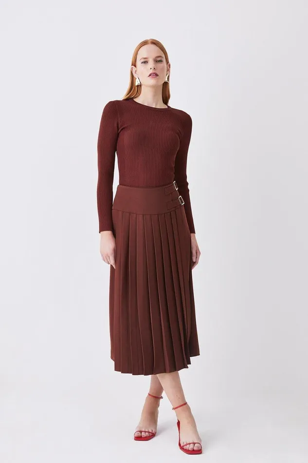 Skirts Women Karen Millen Buckle Detail Pleated Crepe Midi Skirt Brown