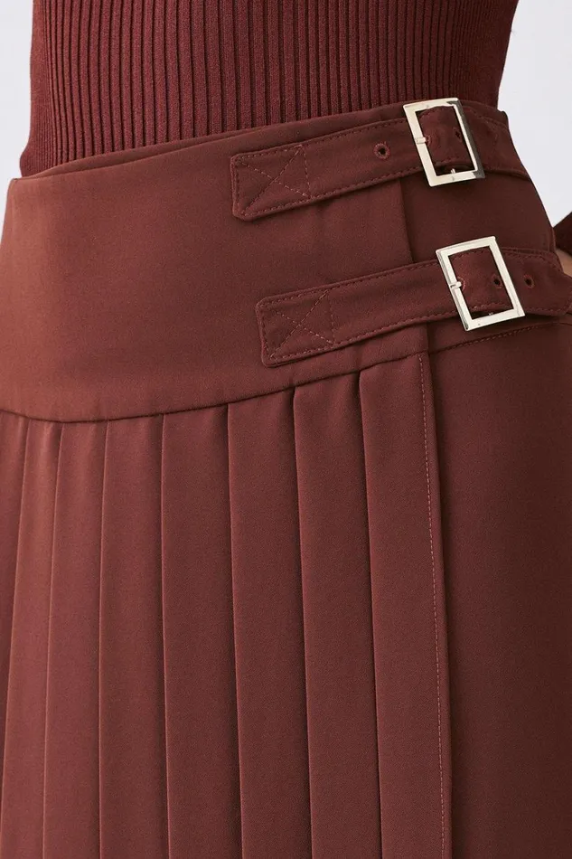 Skirts Women Karen Millen Buckle Detail Pleated Crepe Midi Skirt Brown