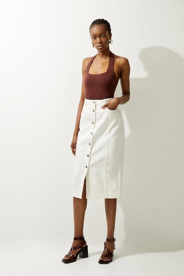 Skirts Women Karen Millen Denim Button Through Midi Skirt Ivory