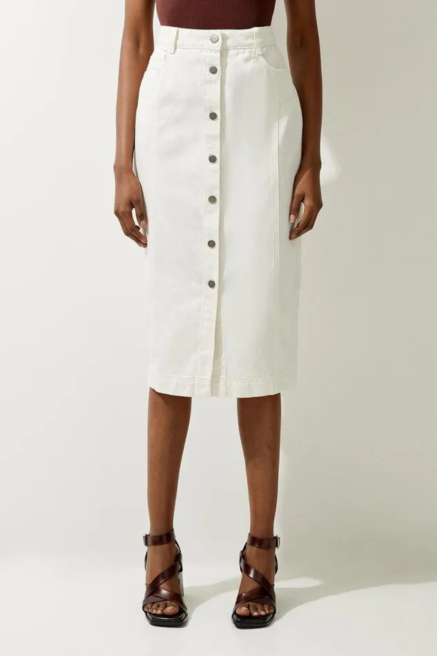 Skirts Women Karen Millen Denim Button Through Midi Skirt Ivory