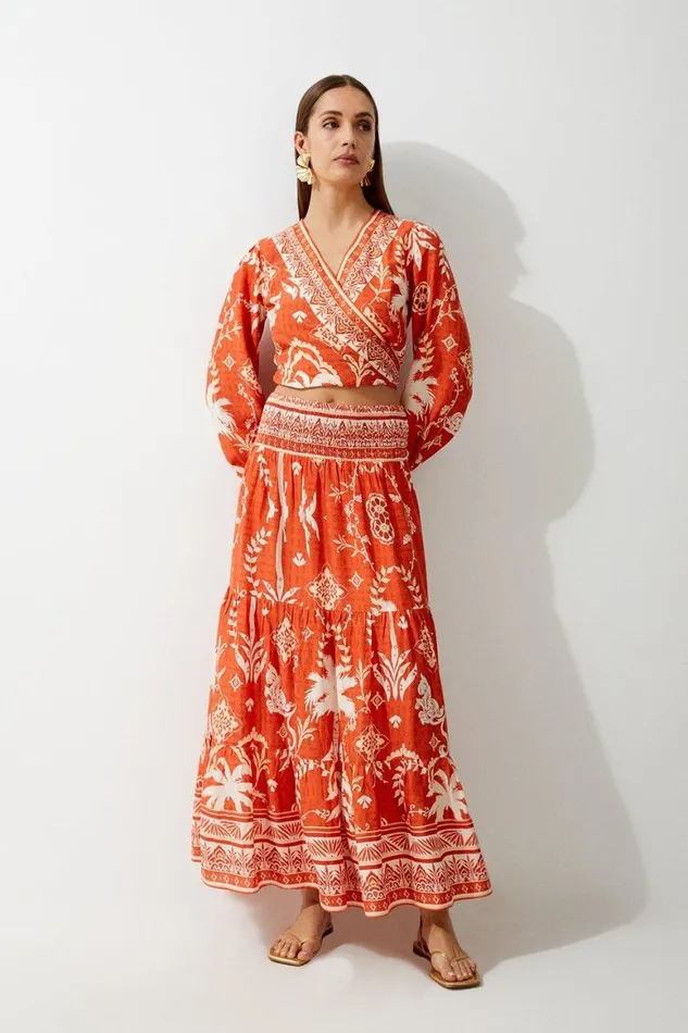 Skirts Women Karen Millen Printed Viscose Woven Maxi Skirt Orange