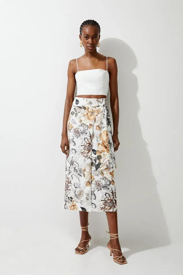 Skirts Women Karen Millen Spring Floral Viscose Linen Woven Tie Wrap Midi Skirt Floral