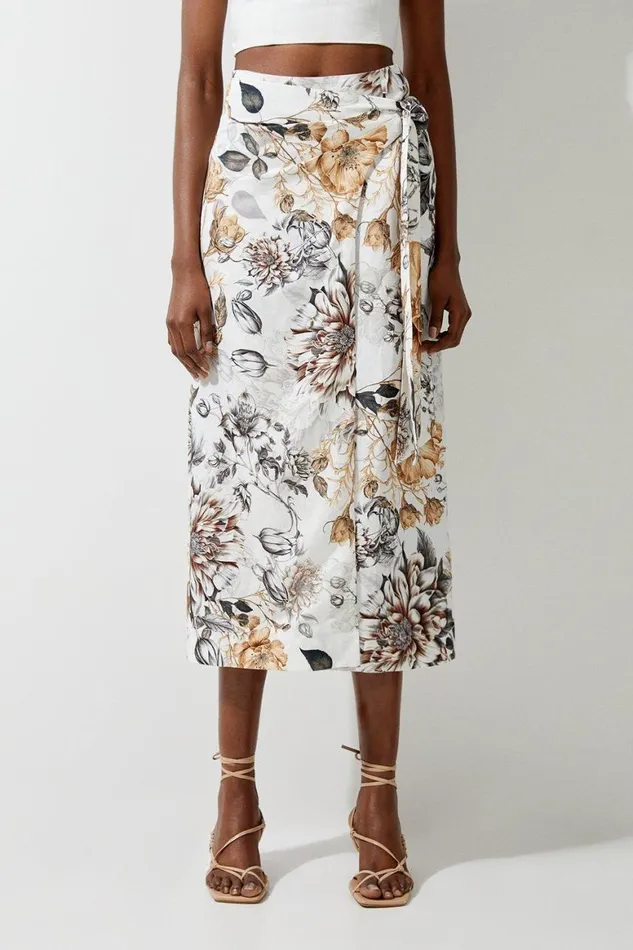 Skirts Women Karen Millen Spring Floral Viscose Linen Woven Tie Wrap Midi Skirt Floral