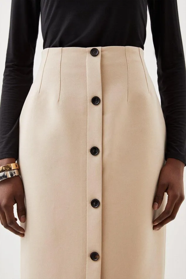 Skirts Women Karen Millen Tailored Compact Essential Button Through Midi Pencil Skirt Camel