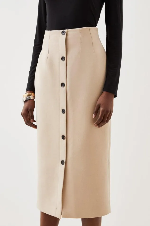 Skirts Women Karen Millen Tailored Compact Essential Button Through Midi Pencil Skirt Camel