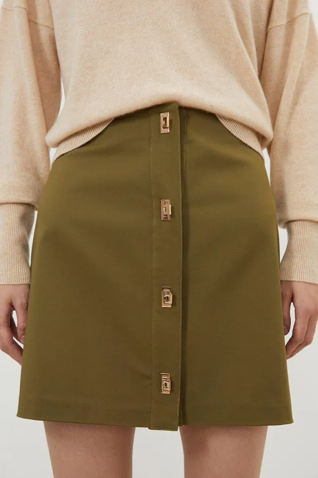 Skirts Women Karen Millen Techno Cotton Woven Hardwear Detail Mini Skirt Khaki