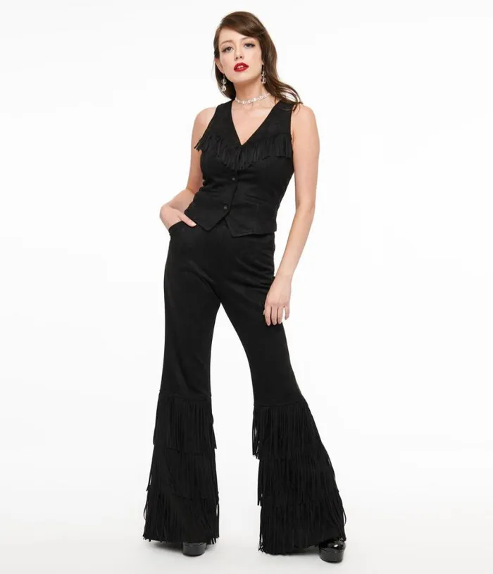 Smak Parlour 1970s Black Suede Tassel Flare Pants Clothing Unique Vintage Pants