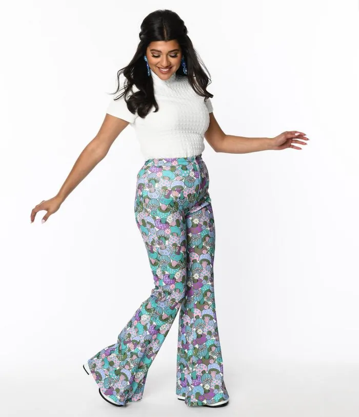 Smak Parlour 1970s Teal Groovy Mushrooms Find Your Flare Pants Clothing Unique Vintage Pants