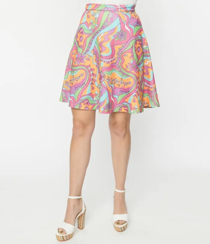 Smak Parlour Orange Psychedelic Daisy River Sweet Talk Flare Skirt ClothingPlus Unique Vintage Skirts