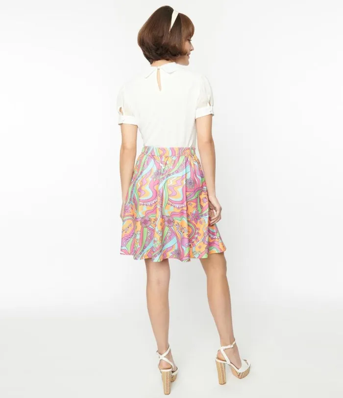 Smak Parlour Orange Psychedelic Daisy River Sweet Talk Flare Skirt ClothingPlus Unique Vintage Skirts
