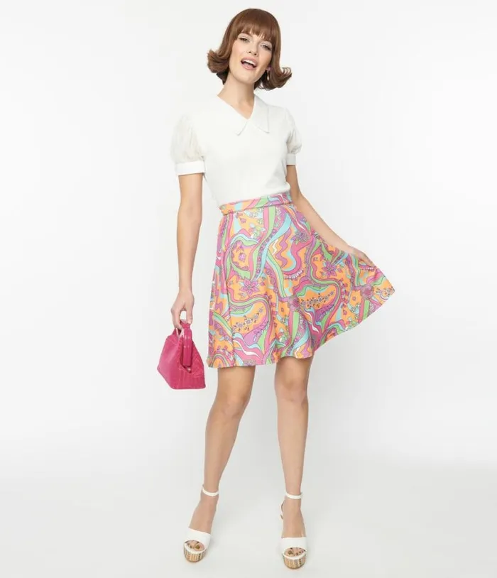Smak Parlour Orange Psychedelic Daisy River Sweet Talk Flare Skirt ClothingPlus Unique Vintage Skirts