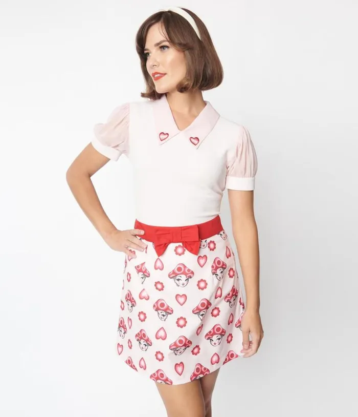 Smak Parlour Pink and Red Madam Mushroom Mod Skirt Clothing Unique Vintage Skirts