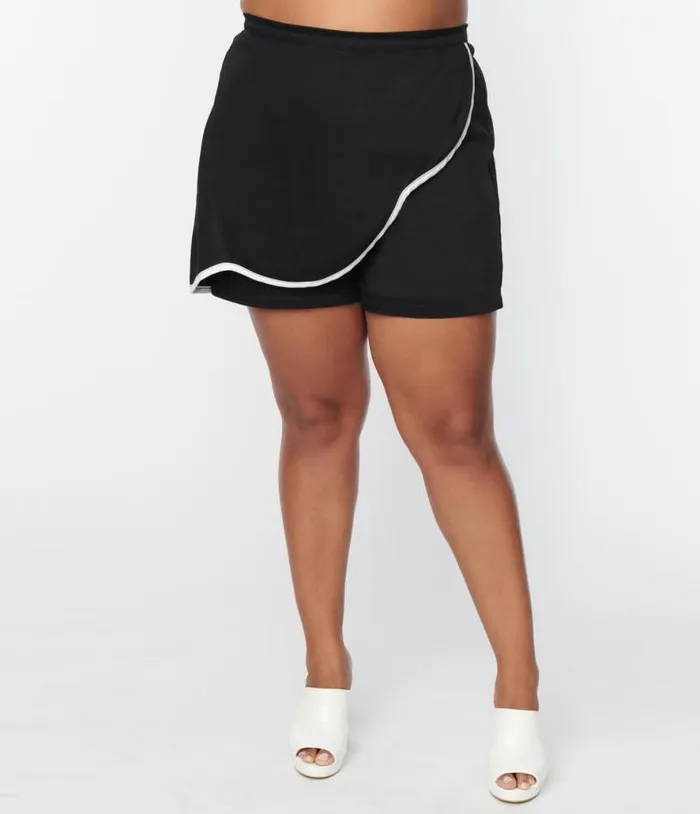 Smak Parlour Plus Size Black Faux Wrap Scalloped Skort ClothingPlus Unique Vintage Skirts