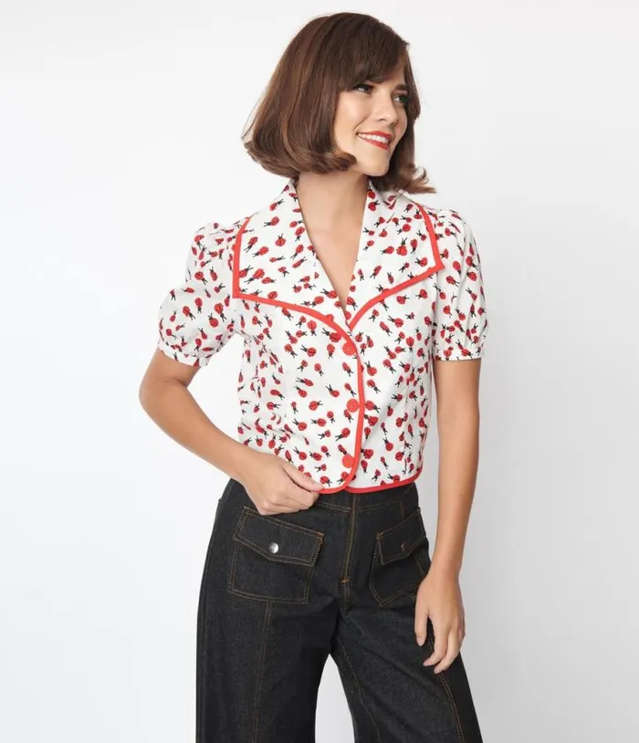 Smak Parlour White and Ladybug Print Wide Lapel Collar Blouse Clothing Unique Vintage Blouses