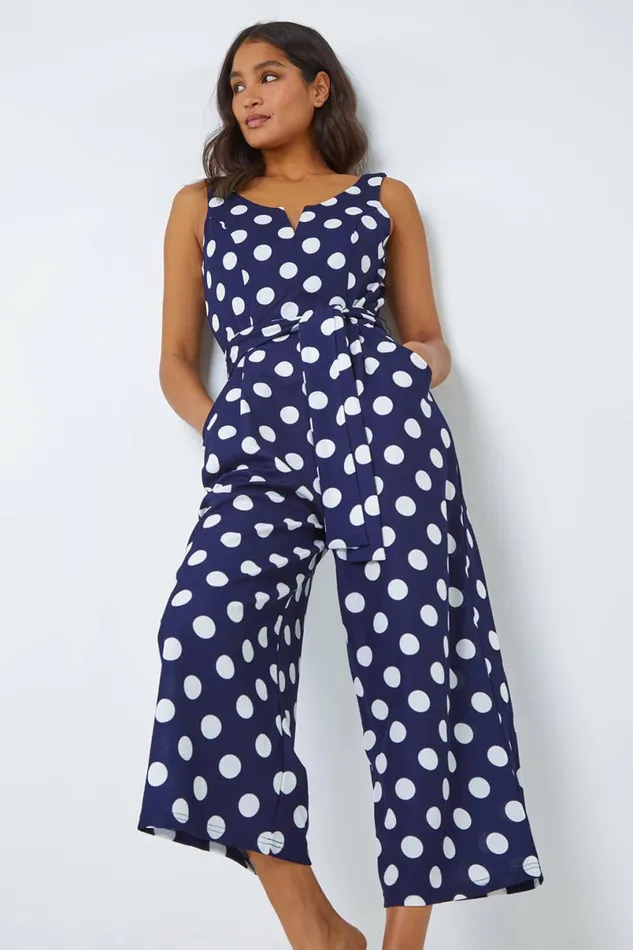 Spot Print Belted Jumpsuit Women Roman Dresses