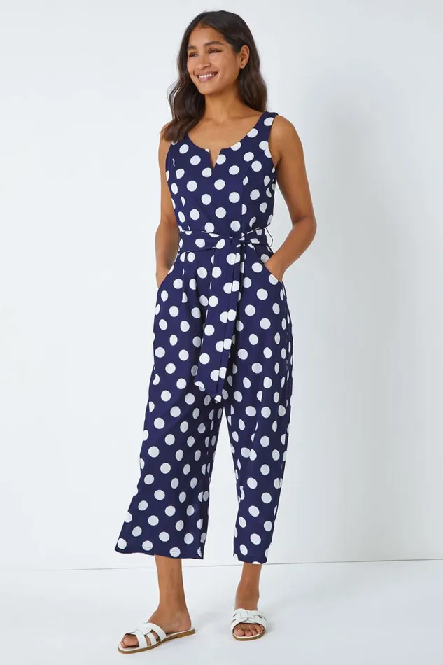 Spot Print Belted Jumpsuit Women Roman Dresses
