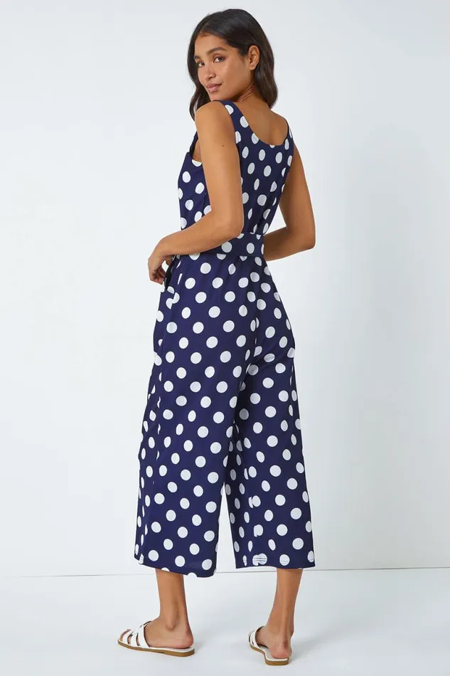 Spot Print Belted Jumpsuit Women Roman Dresses