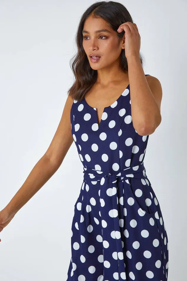 Spot Print Belted Jumpsuit Women Roman Dresses