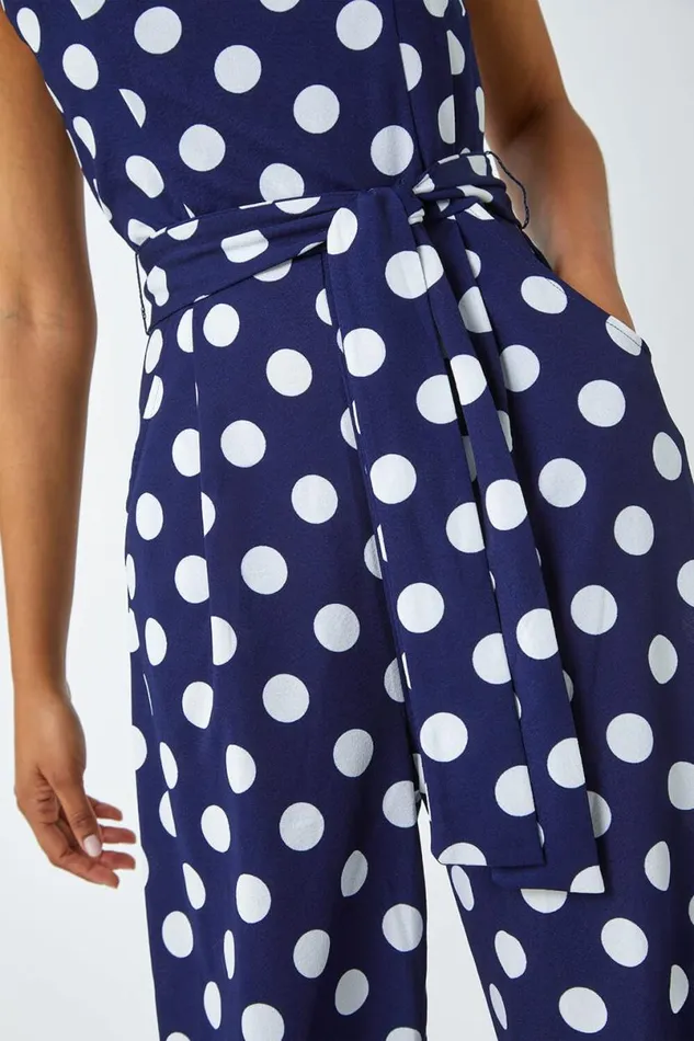 Spot Print Belted Jumpsuit Women Roman Dresses