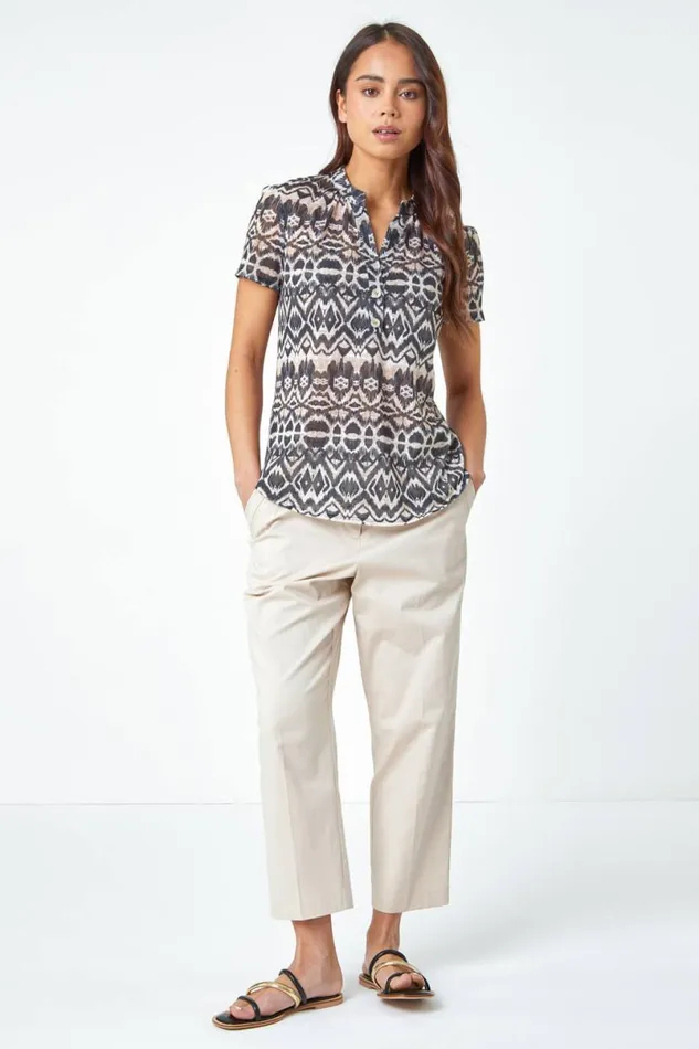 Stone Petite Aztec Print Button Detail VNeck Top Women Roman Tops