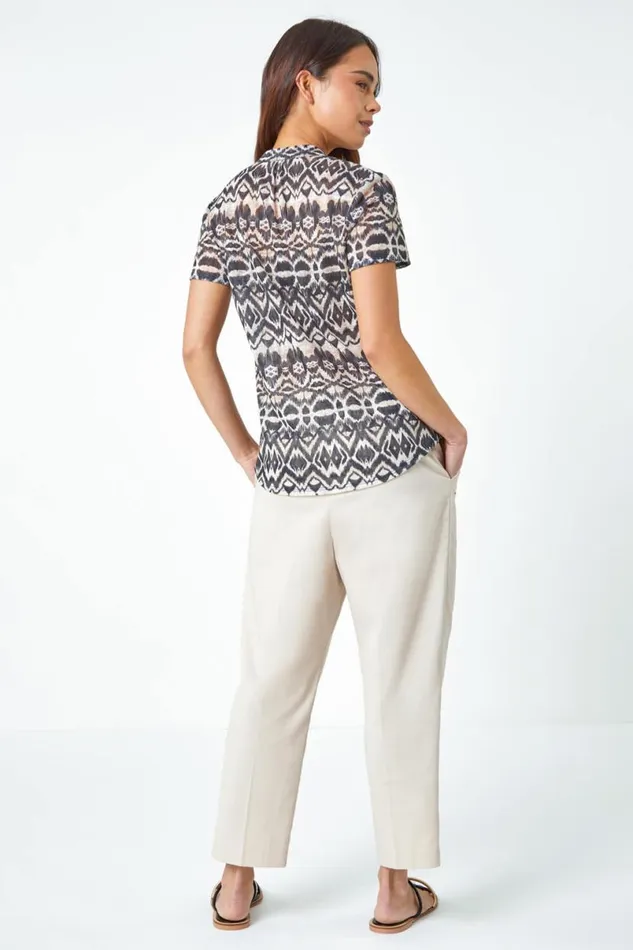 Stone Petite Aztec Print Button Detail VNeck Top Women Roman Tops