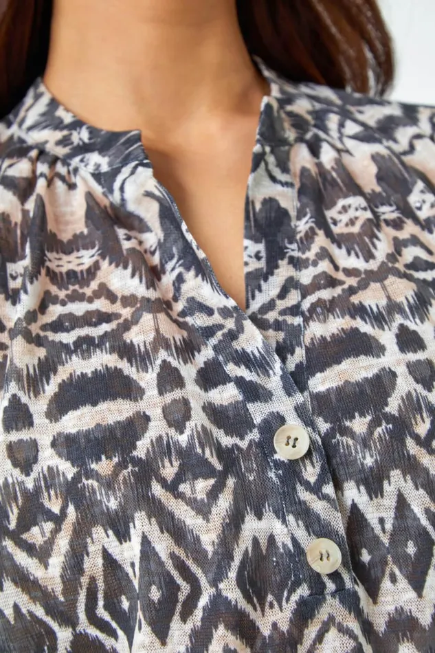 Stone Petite Aztec Print Button Detail VNeck Top Women Roman Tops