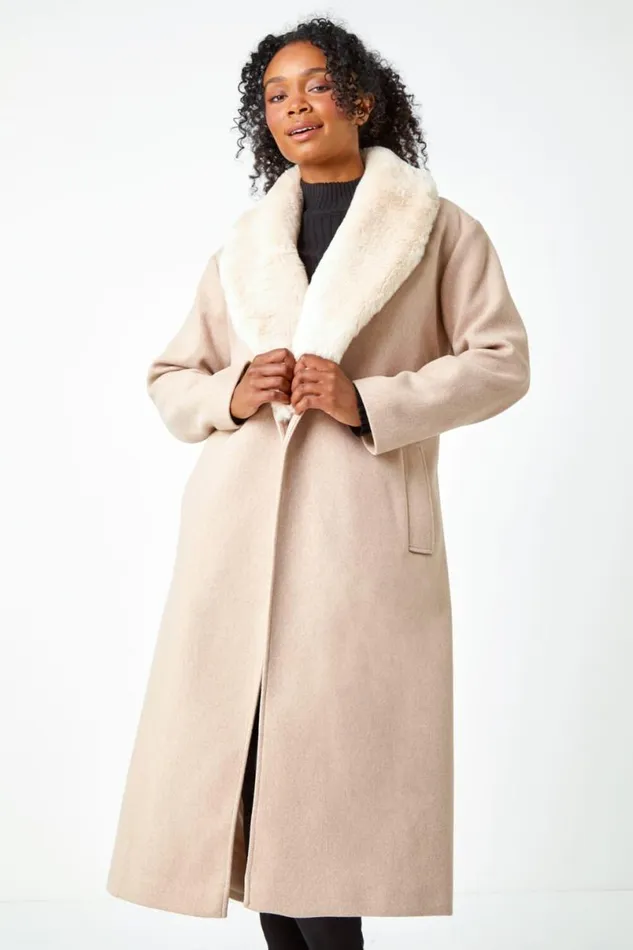 Stone Petite Faux Fur Collar Longline Coat Women Roman Coats