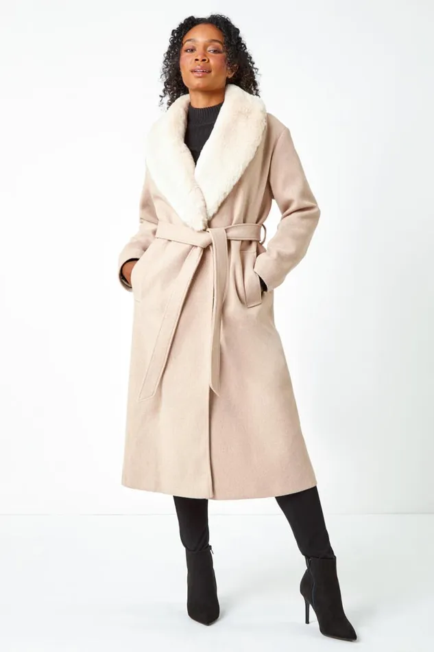 Stone Petite Faux Fur Collar Longline Coat Women Roman Coats
