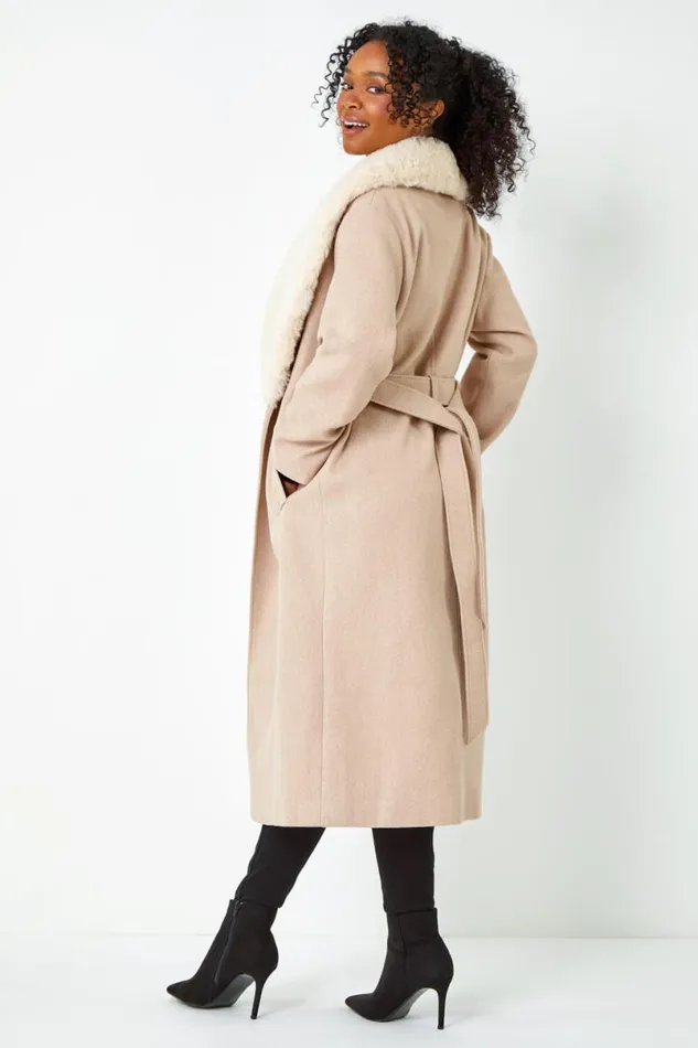 Stone Petite Faux Fur Collar Longline Coat Women Roman Coats