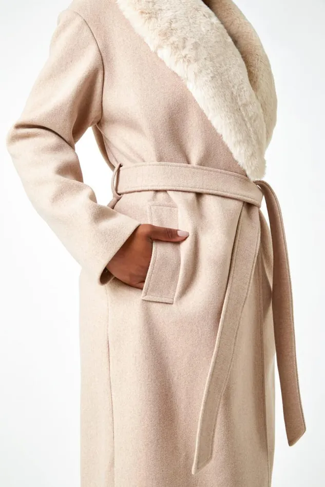 Stone Petite Faux Fur Collar Longline Coat Women Roman Coats