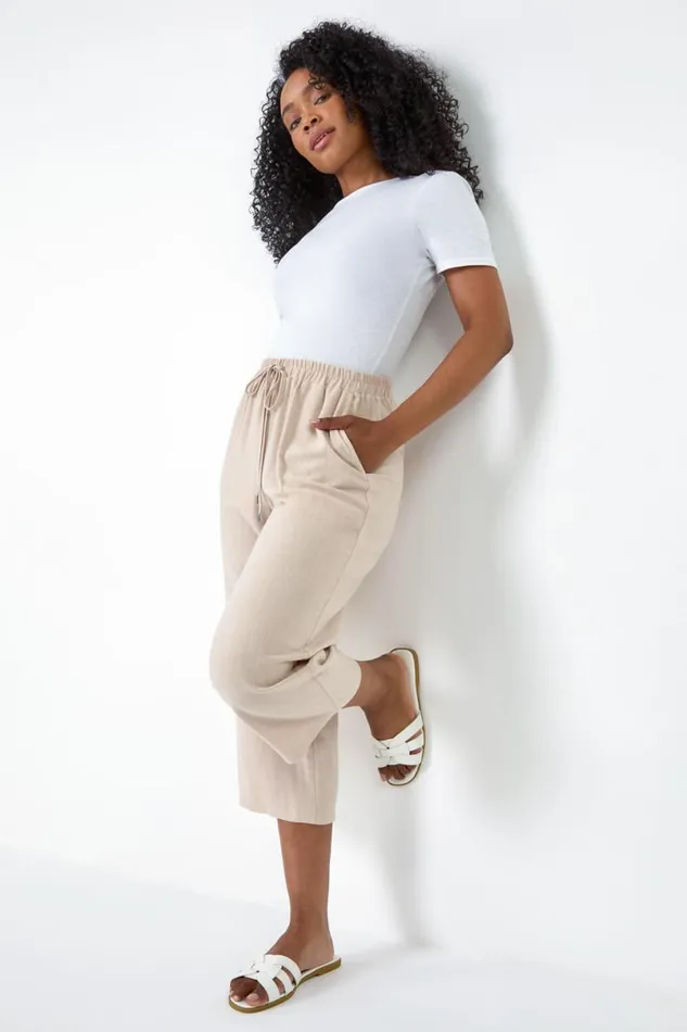 Stone Petite Linen Mix Wide Cropped Trousers Women Roman Trousers