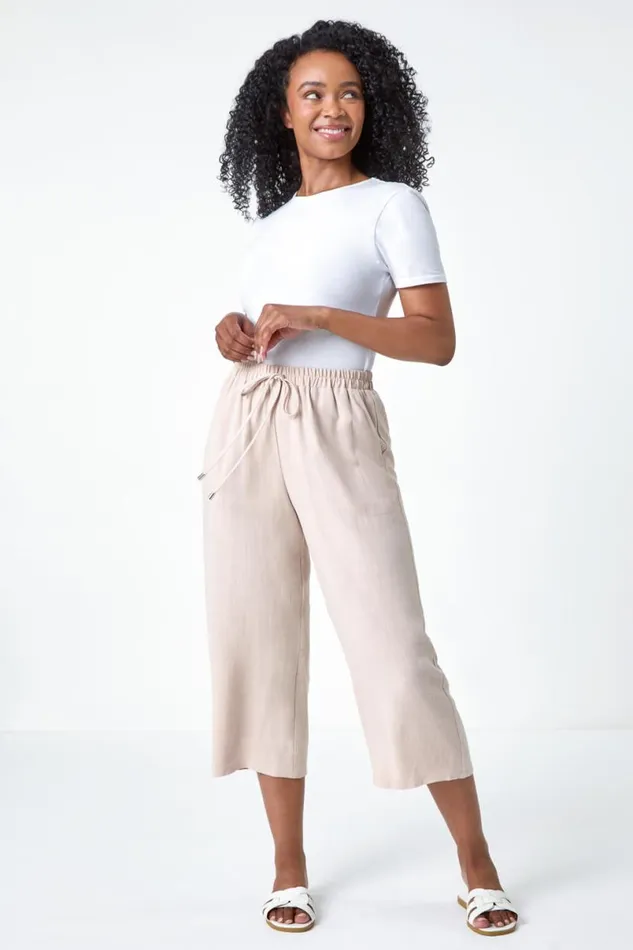 Stone Petite Linen Mix Wide Cropped Trousers Women Roman Trousers