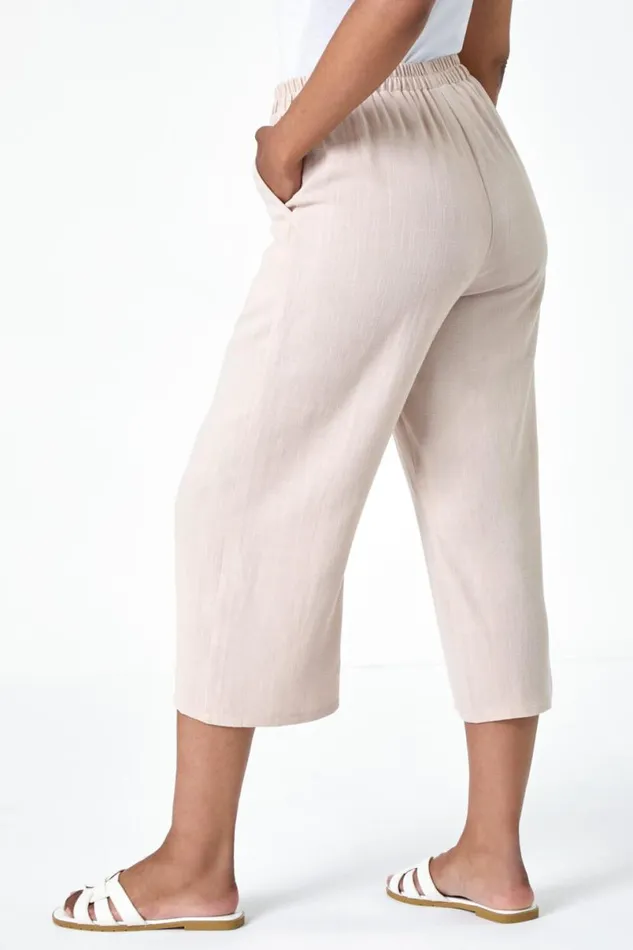 Stone Petite Linen Mix Wide Cropped Trousers Women Roman Trousers