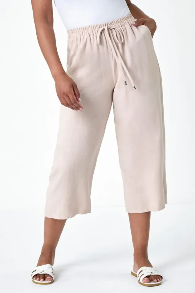 Stone Petite Linen Mix Wide Cropped Trousers Women Roman Trousers