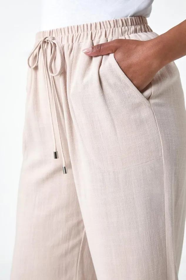 Stone Petite Linen Mix Wide Cropped Trousers Women Roman Trousers