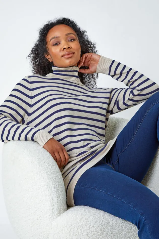 Stone Petite Stripe Print Roll Neck Longline Jumper Women Roman Knitwear