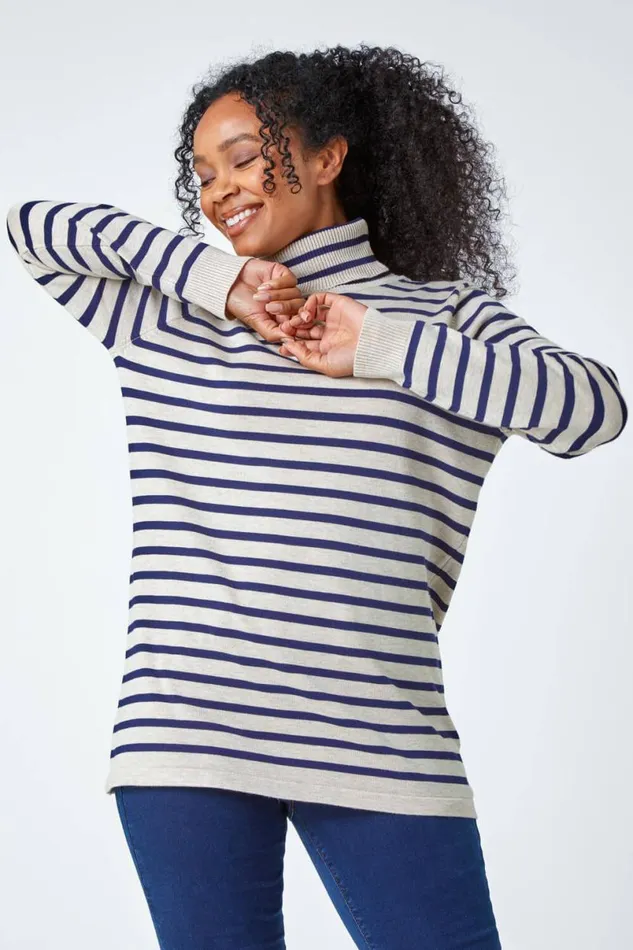 Stone Petite Stripe Print Roll Neck Longline Jumper Women Roman Knitwear