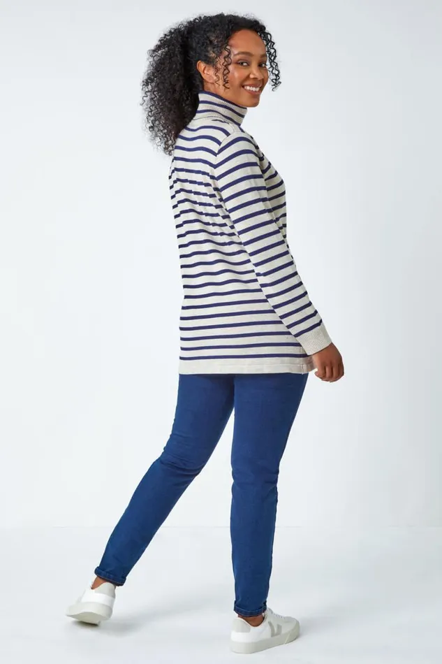 Stone Petite Stripe Print Roll Neck Longline Jumper Women Roman Knitwear