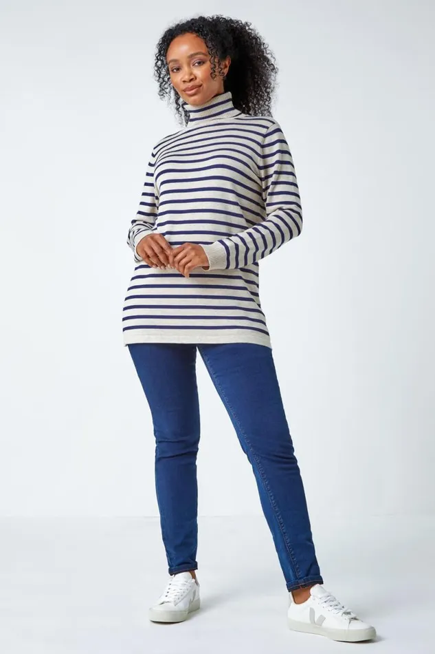 Stone Petite Stripe Print Roll Neck Longline Jumper Women Roman Knitwear